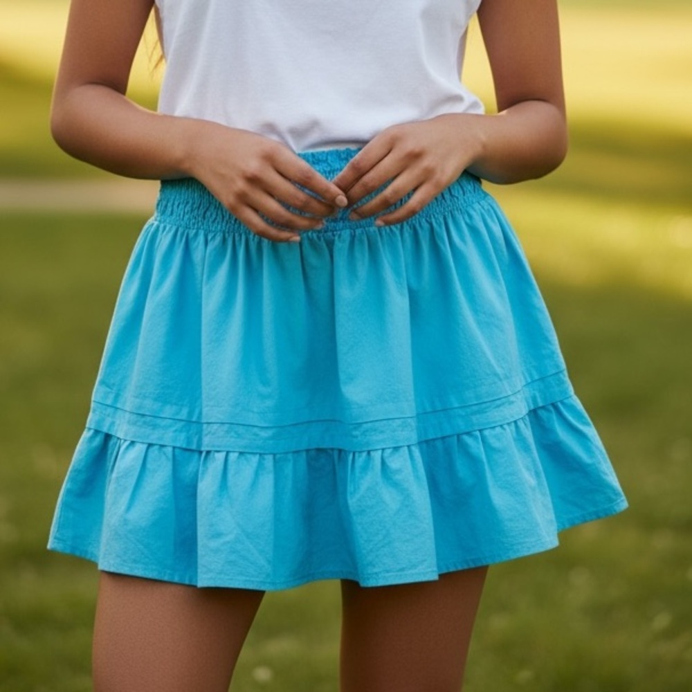 Day + Moon. Smocked Waist Tiered Mini Skirt/skort - Aqua Blue